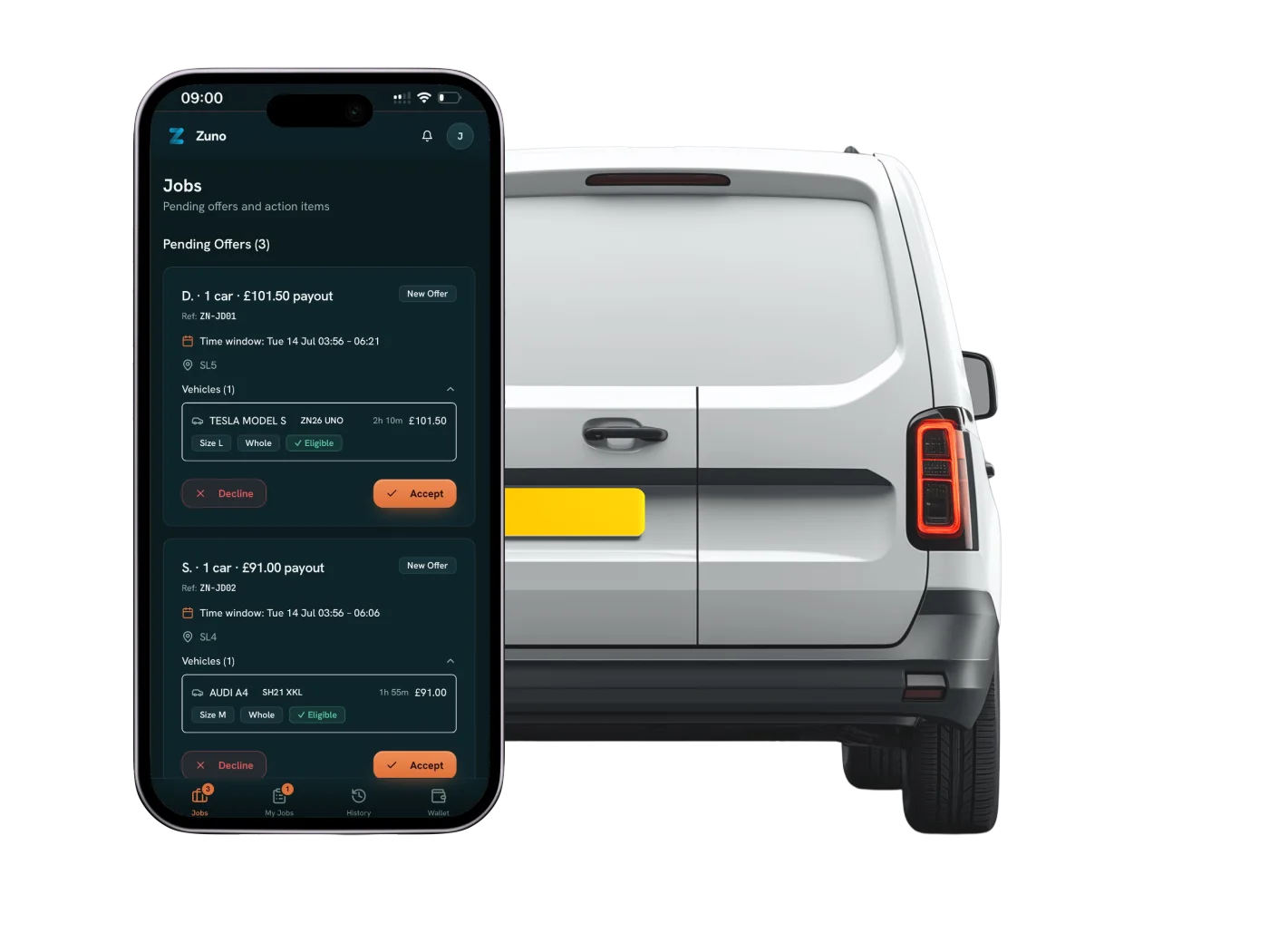 The Zuno operative app showing job offers next to a work van
